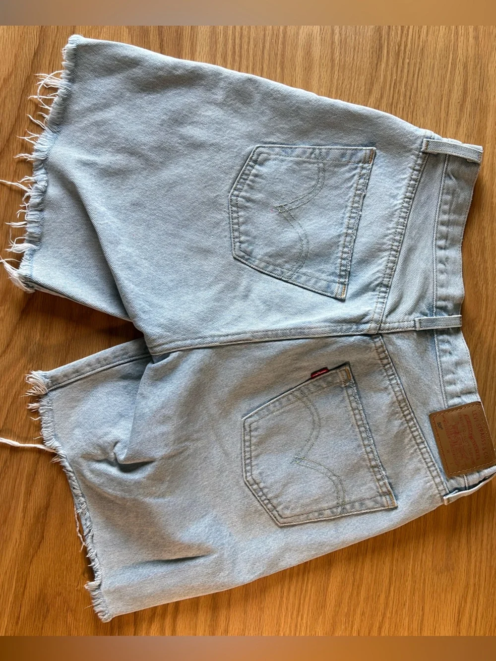 Levi's distressed light wash long denim button fly jean shorts size 28